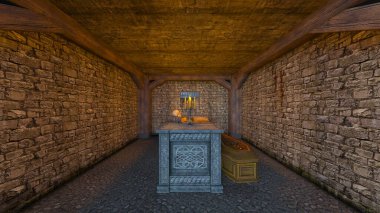 İçerideki taş duvar odası.