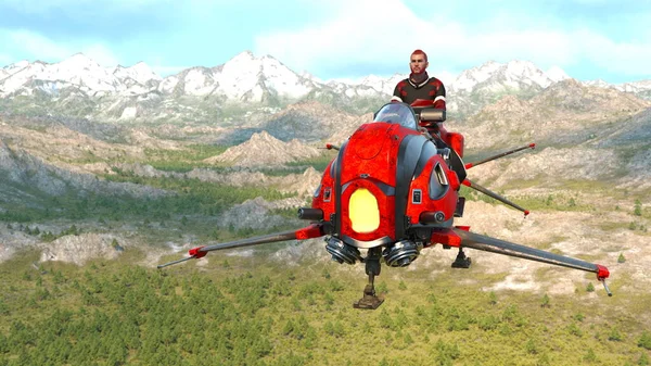 空飛ぶマシン上のスーパーヒーローの3Dレンダリング — ストック写真