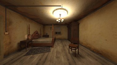 Loş yatak odasının 3 boyutlu canlandırması