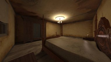 Loş yatak odasının 3 boyutlu canlandırması