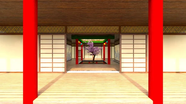 Rendering Einer Villa Japanischen Stil — Stockfoto