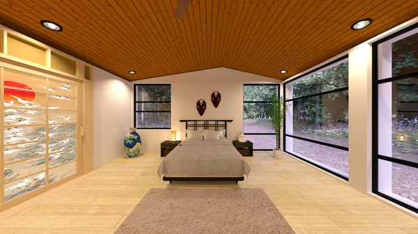 日本风格房间的3D渲染 — 图库照片