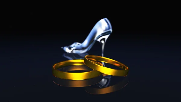 Glas schoenen en gouden ringen — Stockfoto