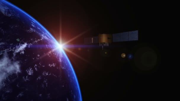 Door de mens veroorzaakte satelliet en de aarde — Stockvideo