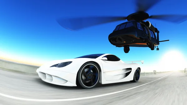 Helicopter and sports car — Stok fotoğraf