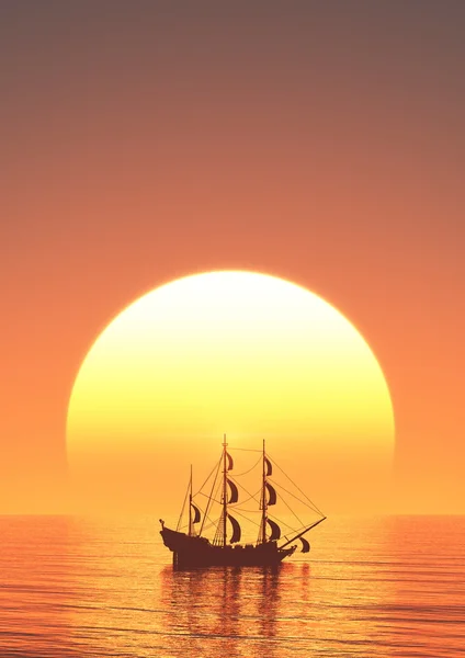 Sun rise and sailing boat — Stock Photo, Image