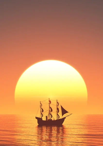 Sun rise and sailing boat — Stock Photo, Image