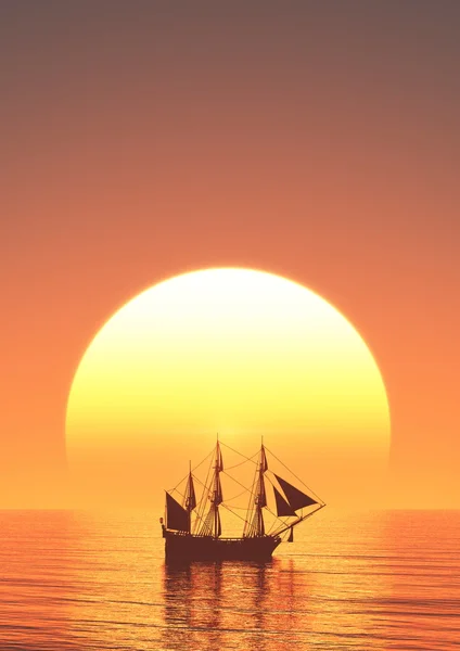 Sun rise and sailing boat — Stock Photo, Image