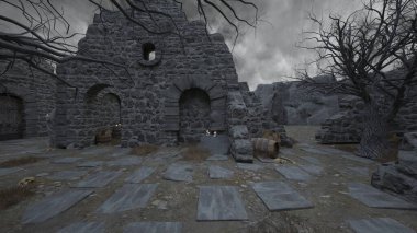 Bir rahibe heykeliyle avlunun 3D görüntüsü.