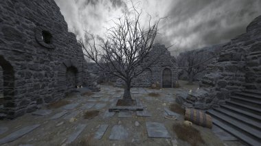 Bir rahibe heykeliyle avlunun 3D görüntüsü.