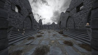 Bir rahibe heykeliyle avlunun 3D görüntüsü.