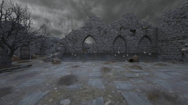 Bir rahibe heykeliyle avlunun 3D görüntüsü.