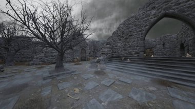 Bir rahibe heykeliyle avlunun 3D görüntüsü.