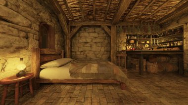 İçerideki taş duvar odasının 3 boyutlu görüntüsü 