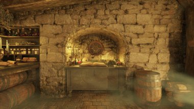 İçerideki taş duvar odasının 3 boyutlu görüntüsü 