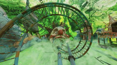 Büyük palyaço yüzlü bir heykel ile lunaparkın 3 boyutlu canlandırması