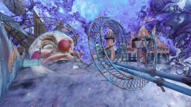 Büyük palyaço yüzlü bir heykel ile lunaparkın 3 boyutlu canlandırması