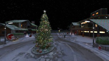 Noel ağaçlarıyla süslenmiş caddelerin 3D görüntüsü