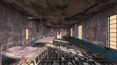 Terk edilmiş hastane odasının 3 boyutlu görüntüsü