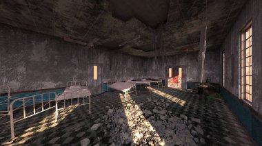 Terk edilmiş hastane odasının 3 boyutlu görüntüsü