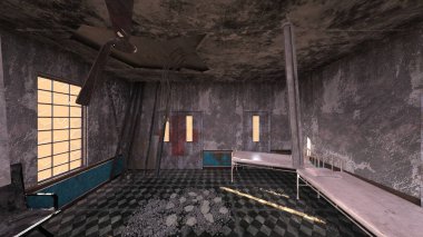 Terk edilmiş hastane odasının 3 boyutlu görüntüsü