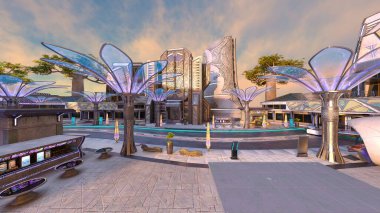 Gelecekteki şehir manzarasının 3B canlandırması