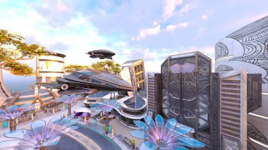 Gelecekteki şehir manzarasının 3B canlandırması