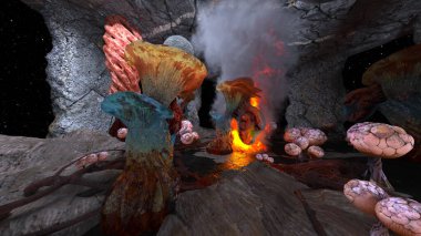 Garip bitkilerin yetiştiği mağaranın 3 boyutlu görüntüsü.