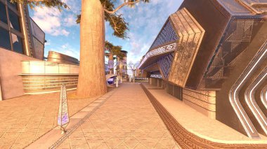 Gelecekteki şehir manzarasının 3B canlandırması