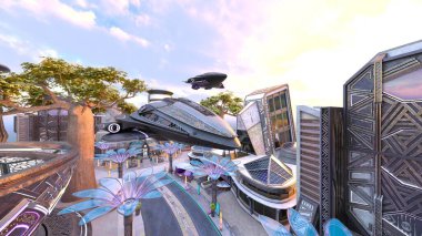 Gelecekteki şehir manzarasının 3B canlandırması