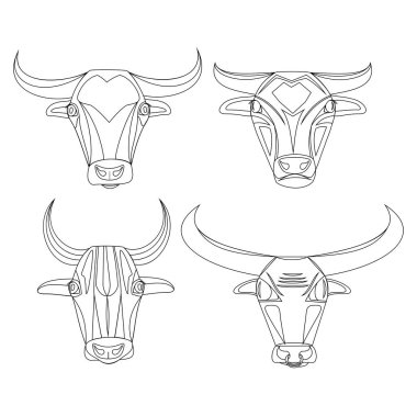 Beyaz arka planda dört adet siyah beyaz boğa yüzü. 