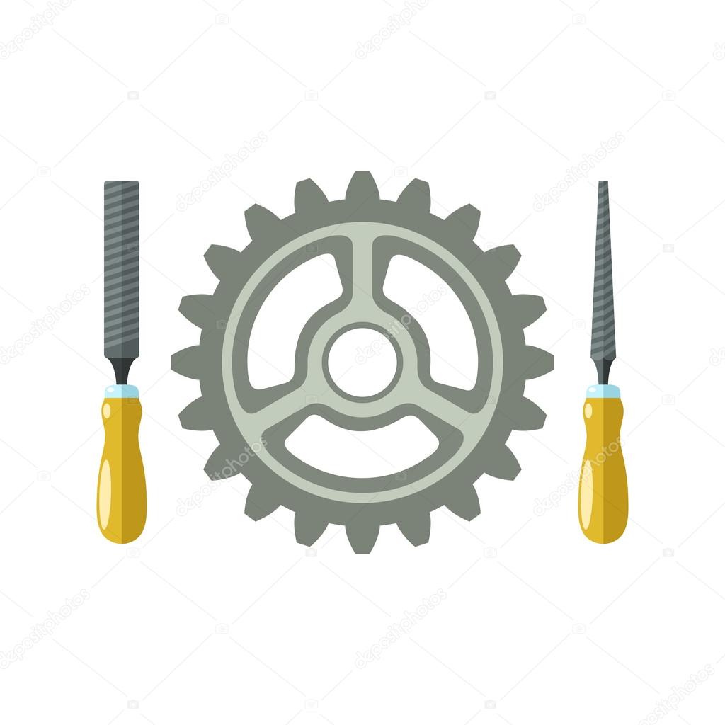 File hand tools with wooden handle around gear wheel