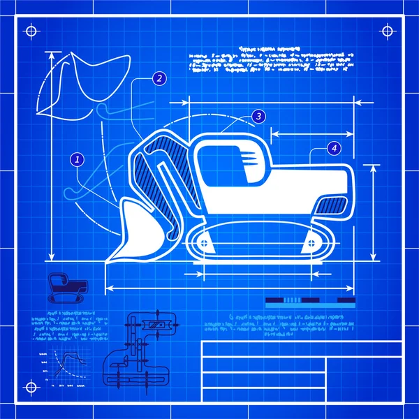 Kotrógép Homlokrakodó kanál ikon, mint blueprint rajz — Stock Vector