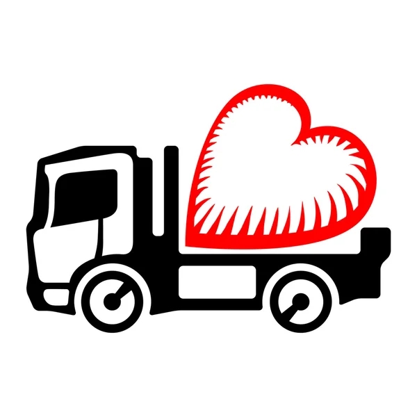 Icône de camion avec un symbole de coeur sur le corps de la plate-forme — Image vectorielle