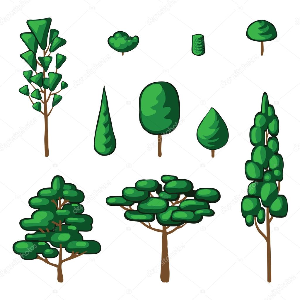 Vector collection of green trees and bush. Icons set