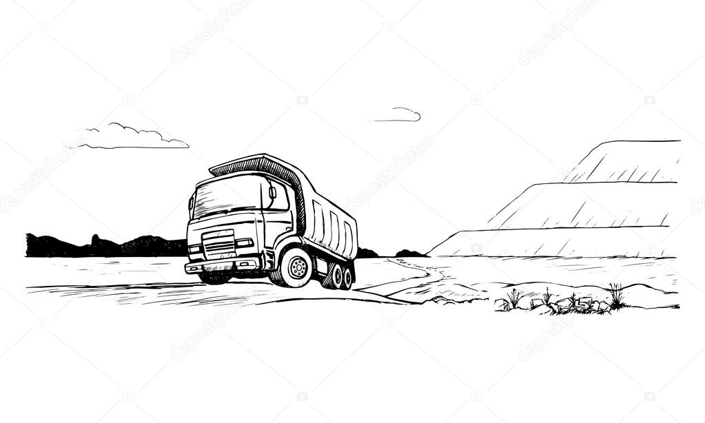 Dump truck. Tipper black and white sketch