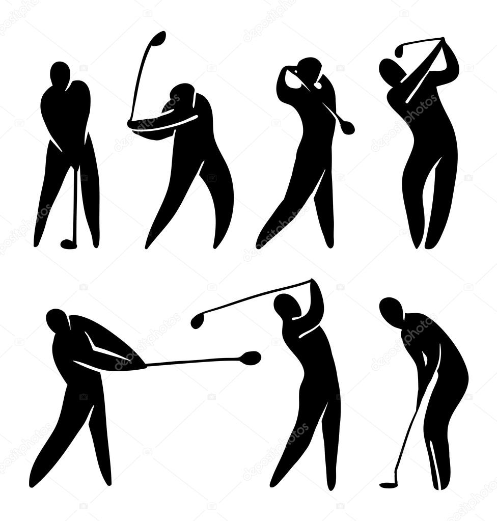 Golf player vector icon set silhouette black on white. Abstract player in gameplay