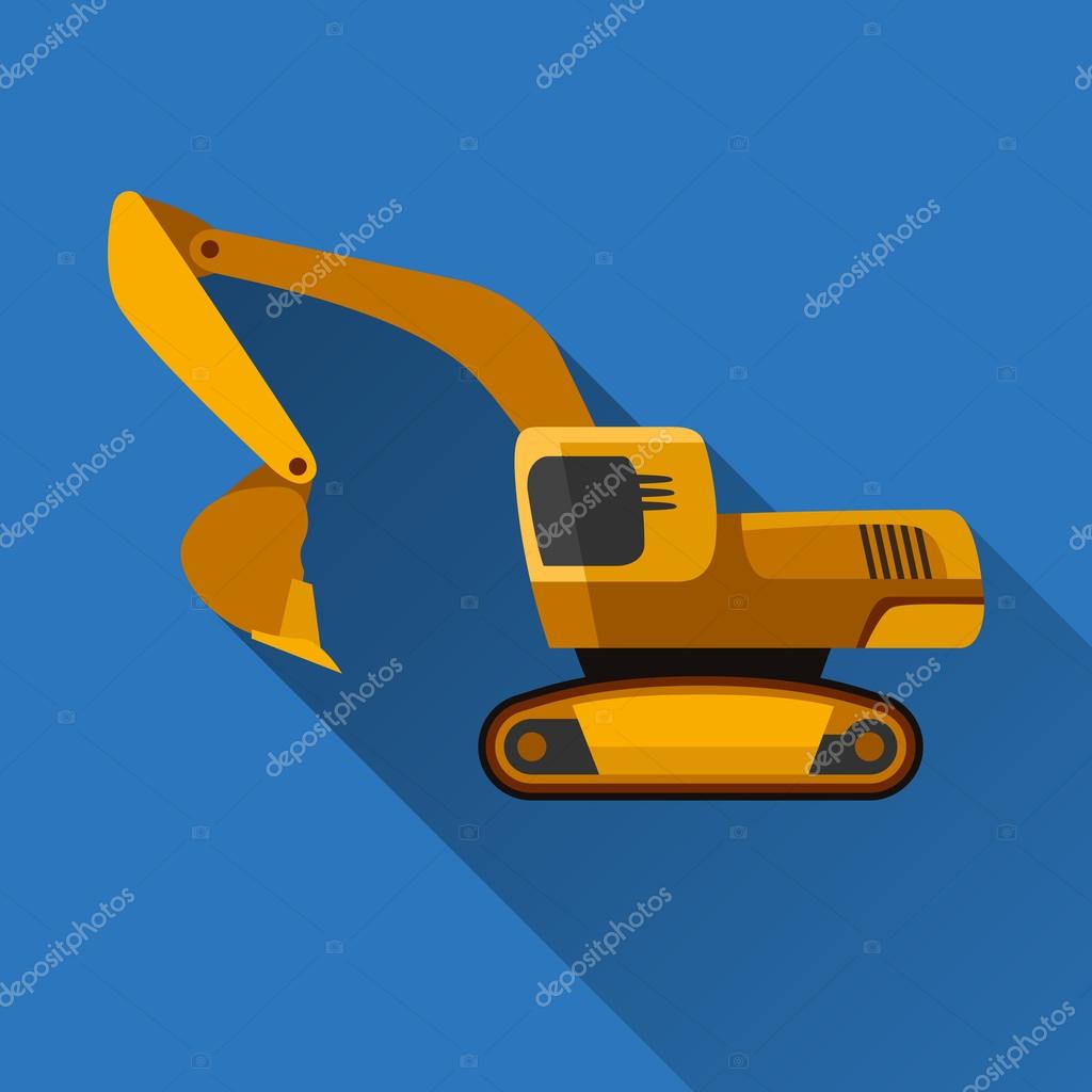 Classic excavator flat style icon with shadow