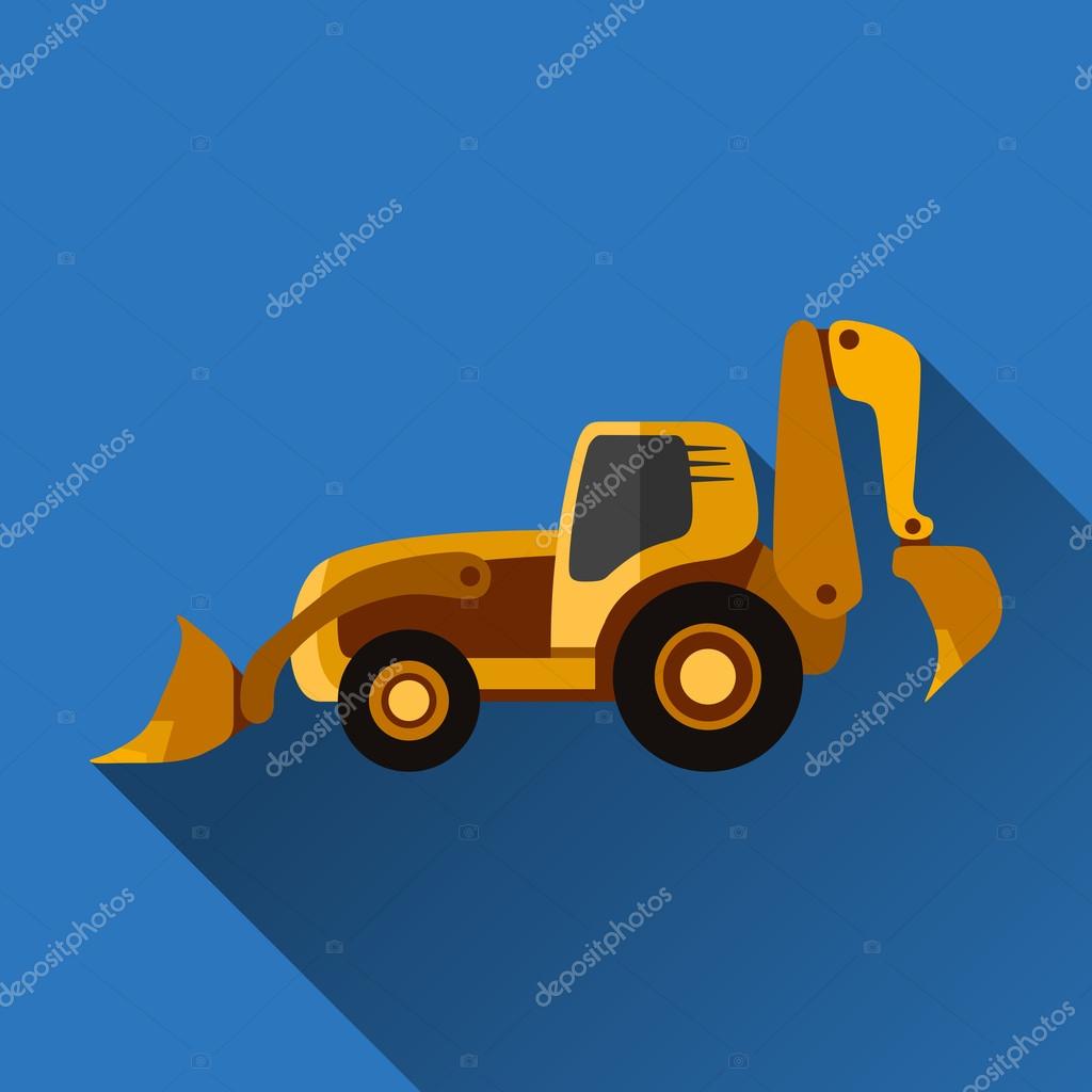 Classic backhoe loader flat style icon with shadow