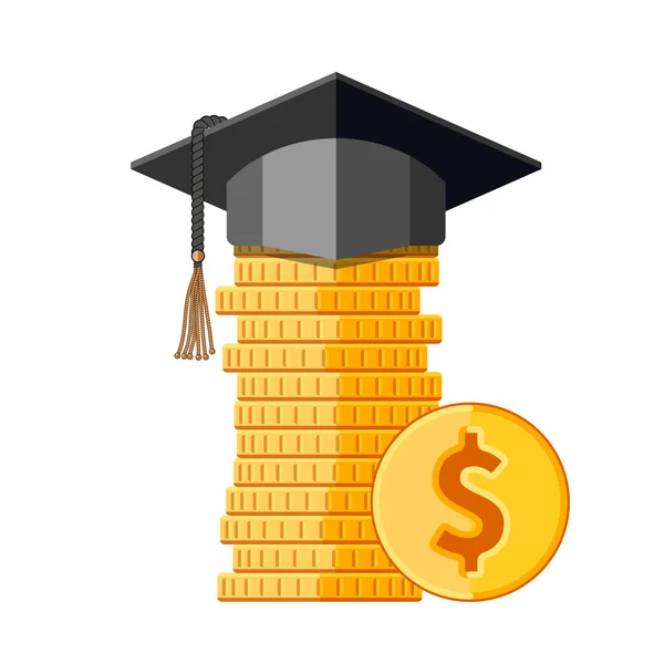 Graduation cap on money — Stock Vector