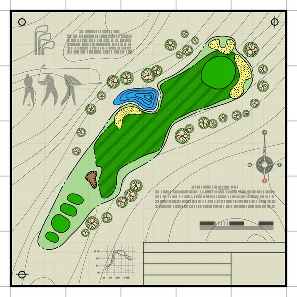 Golfbaan lay-out blauwdruk tekening — Stockvector