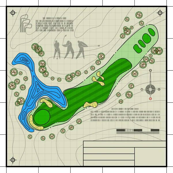 Diseño del campo de golf plano dibujo — Vector de stock