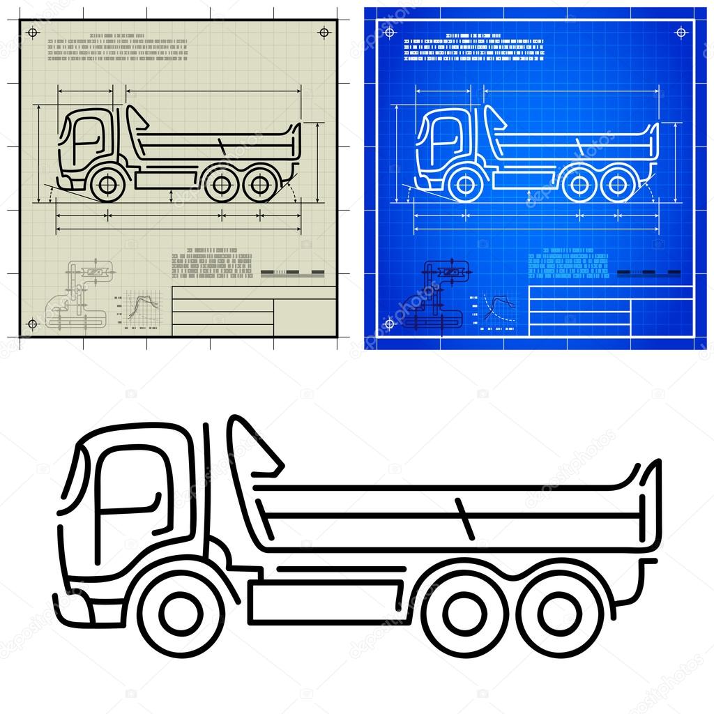 Lorry tipper dump truck modern outline stylized blueprint technical drawing