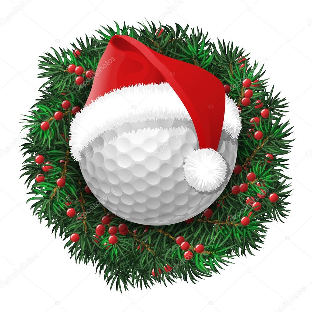 Golf ball over evergreen holiday wreath