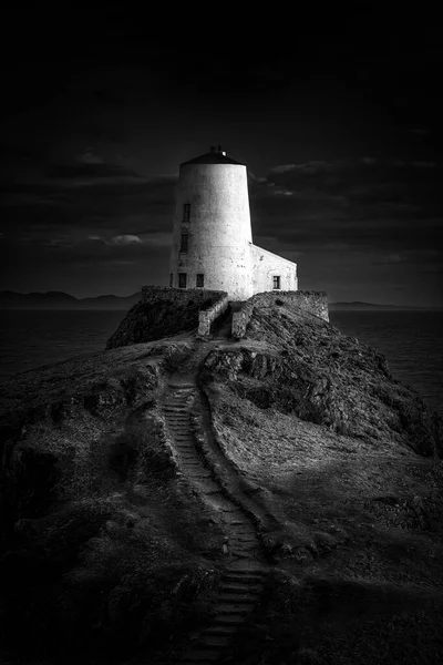 Dramatic Black White Shot Anglesey Lighthouse — Foto Stock