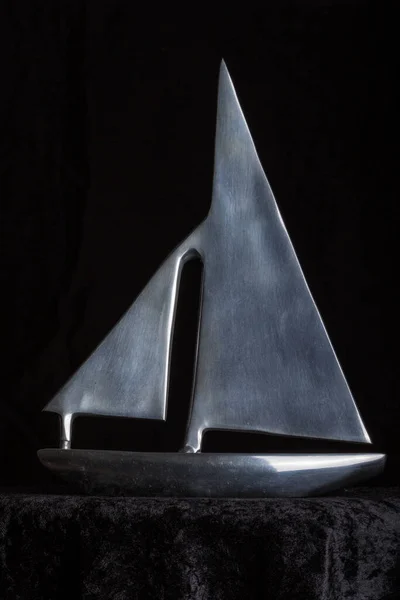 Close Shot Metal Sculpture Sailboat Isolated Black — Stock Photo, Image