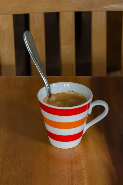 Чашка Кофе Ложкой Деревянном Столе — стоковое фото