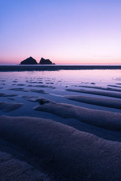 Güneş Batarken Holywell Körfezi Cornwall Ngiltere Carter Adaları Nın Üstünde — Stok fotoğraf