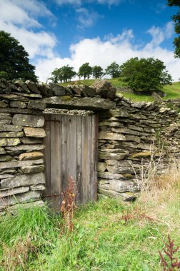 Ağacı ve mavi gökyüzü olan eski taş ev.