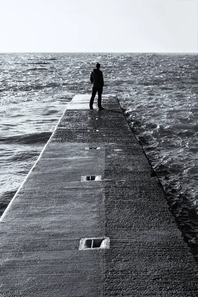 Black White Photo Man Walking Beach — Stock Photo, Image